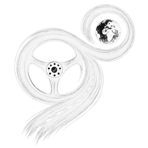 The Carfinity logo - a calligraphy brush road swirls areound a steering wheel and then the earth, as the oil ink binds the planet's fate to the car.
