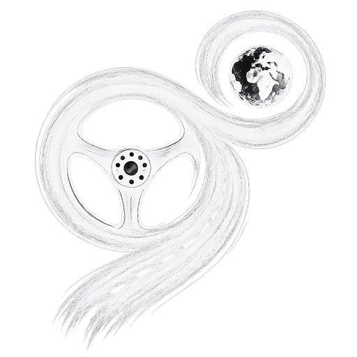 The Carfinity logo - a calligraphy brush road swirls areound a steering wheel and then the earth, as the oil ink binds the planet's fate to the car.
