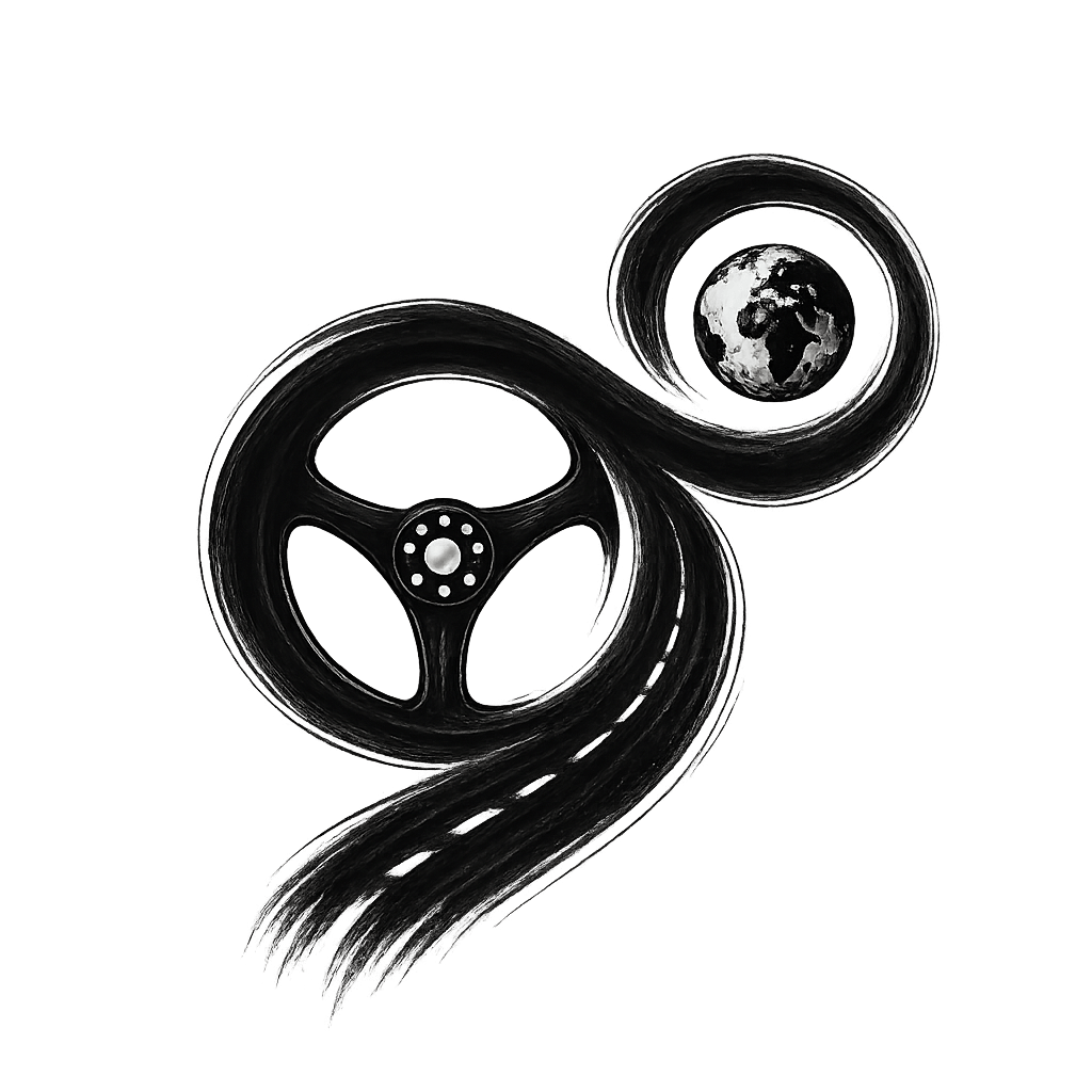 The Carfinity logo - a calligraphy brush road swirls areound a steering wheel and then the earth, as the oil ink binds the planet's fate to the car.