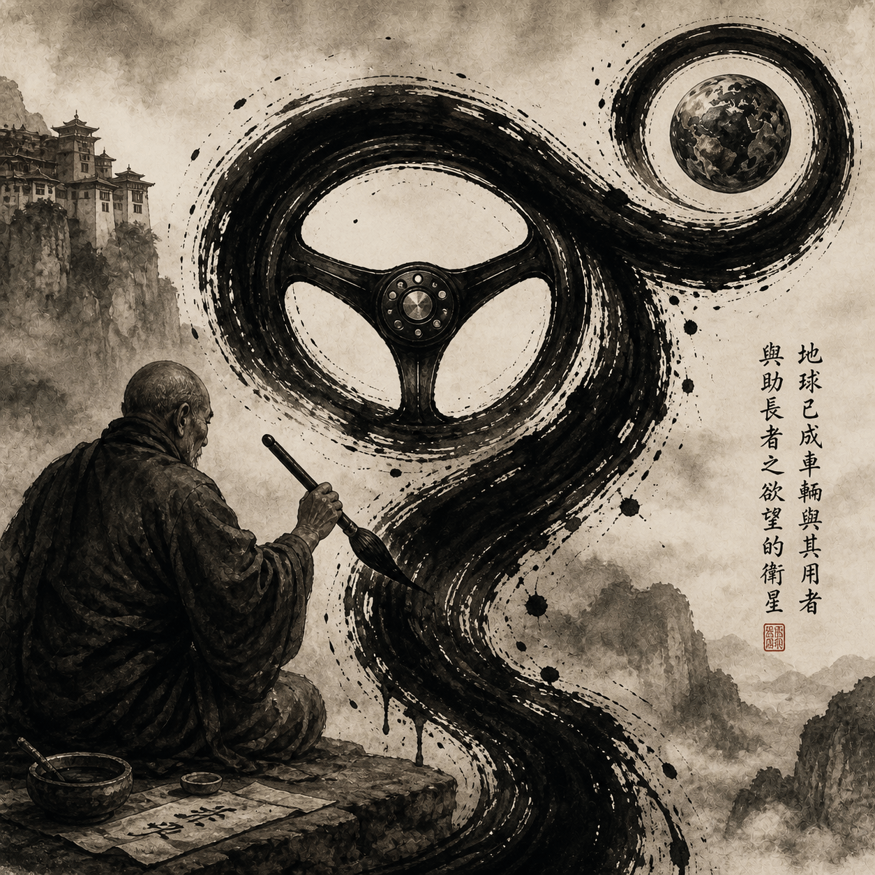 The basic ethos behind the Carfinity logo - the earth, a satellite, atmosphere replaced by ink-black oil, which is infinitely linked to the road and the car with the brush stroke and steering wheel. Image generated by openAI
