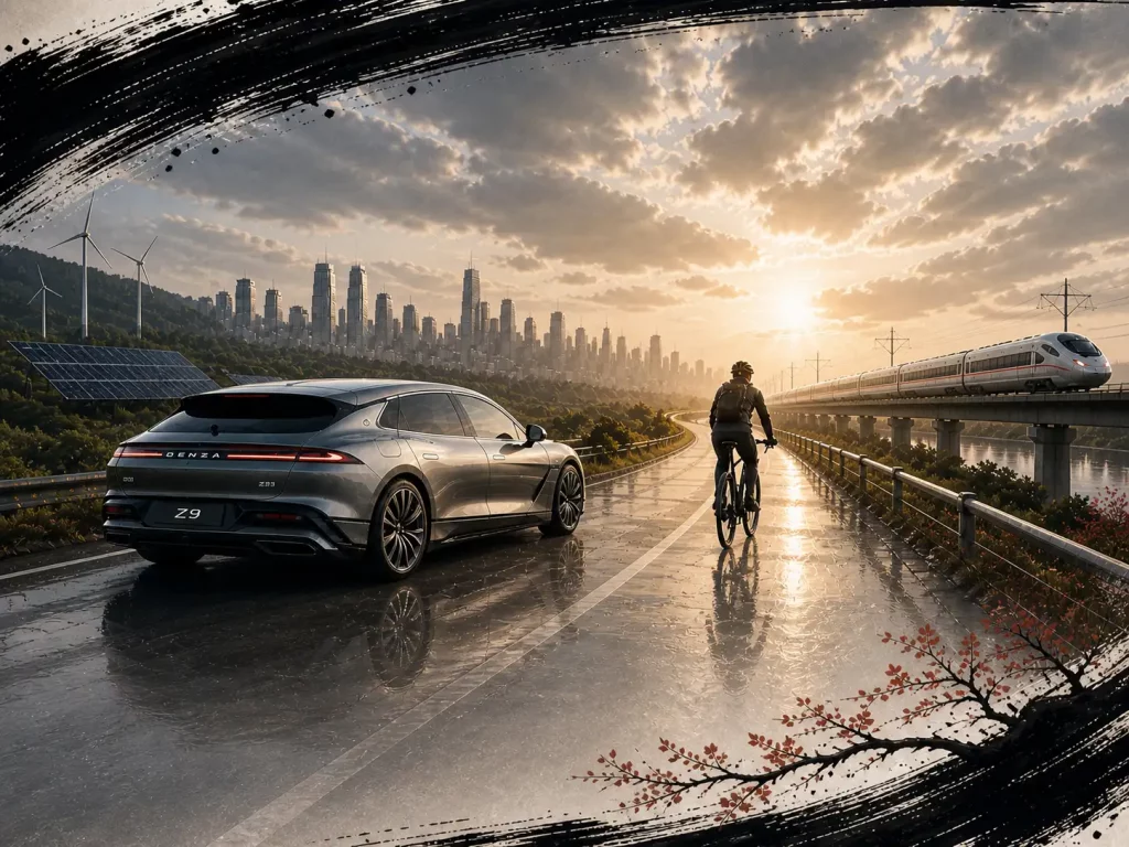 A composite image comprising a sunset sky, wet road with Denza Z9 EV driving alongside solar and windmill generation - while a cyclist and bullet train occupy the right of the frame, enclosed in the calligraphy-brush sweep of oil. This image was generated using AI to help get the website underway.